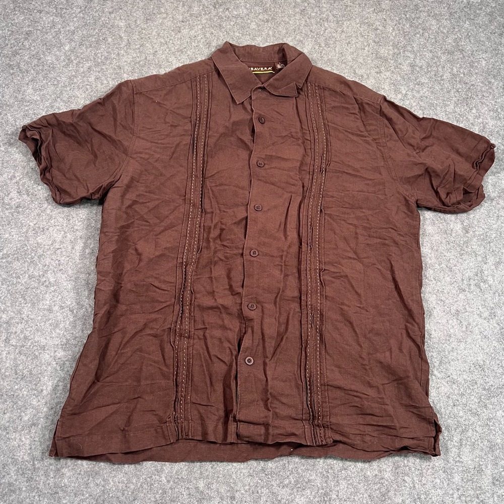 Cubavera Linen Brown Embroidered‎ Short Sleeve Button Down Shirt Men's Size L